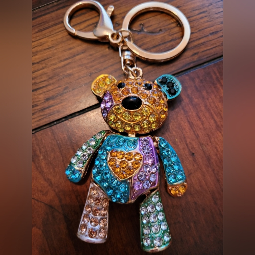 Bag Charm, Key Chain Patchwork Bear, Multicolored Sparkly Gems